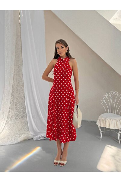 GAMZE ALPTEKİN Premium polka dot halter neck midi dress - elegant and functio...
