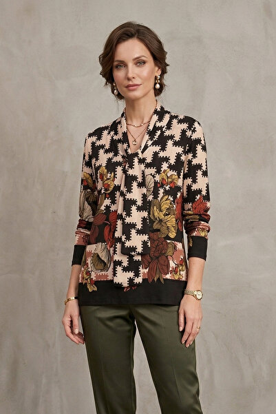 YXL COLLECTION Γυναικεία μπλούζα μεγάλου μεγέθους με λικρά, λουλουδάτο σχέδιο...