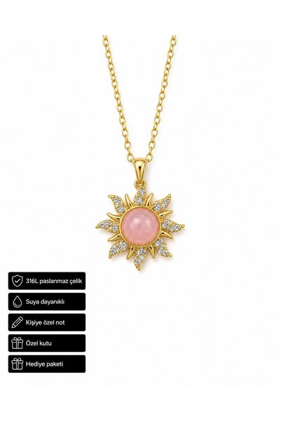 HER ŞEY NOTA www.herseynota.com Sun Figured Pink Stone Steel Necklace Gift fo...