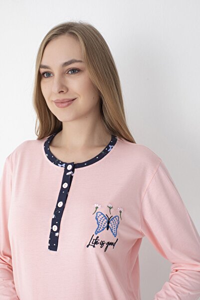 SENFONİ Pembe / Lacivert Uzun Kollu %100 Pamuk Pijama Takımı – Rahat ve Konfo...