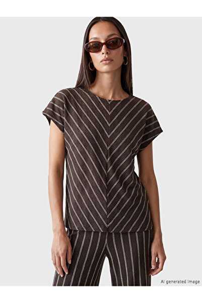 LC Waikiki Lcw Everyday Brown Crew Neck Striped Women's T-Shirt