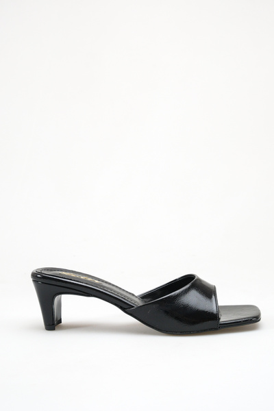 LDR Γυναικείες μαύρες δερμάτινες παντόφλες με κοντό τακούνι και τετράγωνη μύτη