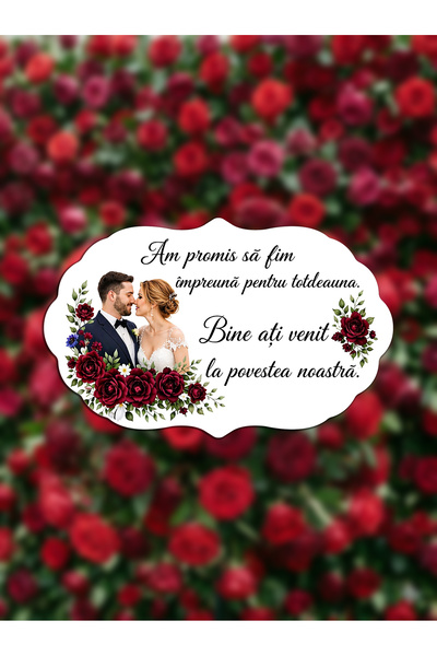 Bello Carino High quality decoration products Plăcuță decorativă pentru nuntă „Bine ați venit la povestea noastră”, design cu flori roșii, 64x40 cm