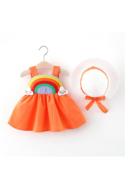 Little Dress Rochie de vacanță portocalie cu curcubeu și pălărie inclusă