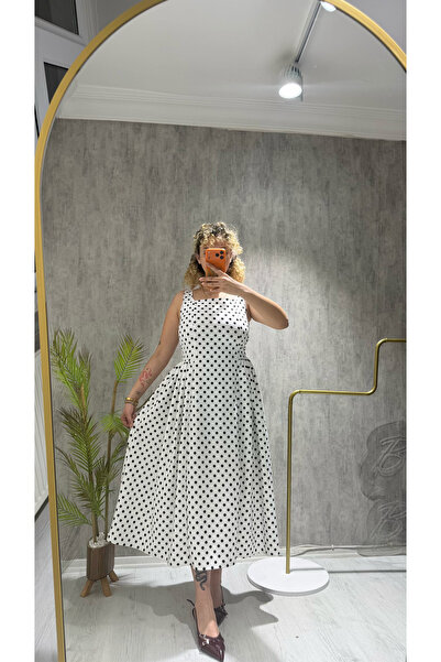 BELİS WEAR Women's New Season Strappy Waist-Seat Polka Dot Dress