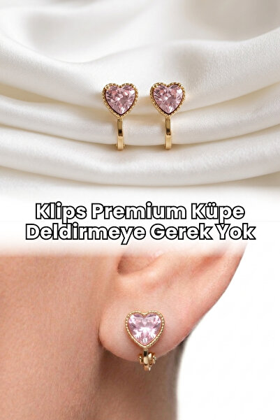 Elifsu Jewelry Klips Küpe Parlak Kalpli Zirkon Taşlı Deliksiz Küpe Premium Ta...