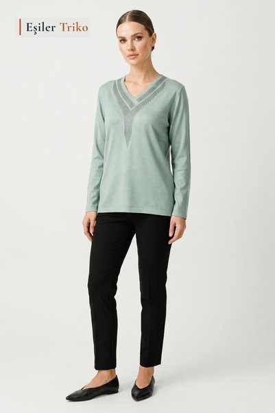 Eşiler Triko Women's Aqua Green V-Neck Elegant Stoned Mother Combed Cotton