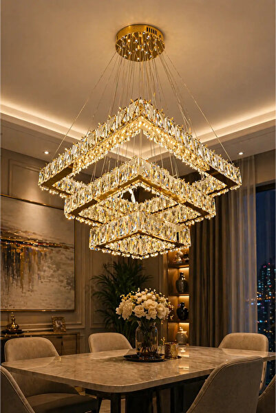 ARMONİDEKOR 3 Katlı Kristal Kare Kumandalı 3 Renk Led Avize