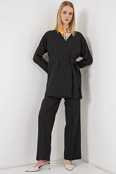 Bigdart Γυναικείο Σετ Σακάκι και Παντελόνι με Δετά Πλαϊνά Λουράκια 30099 - Μαύρο