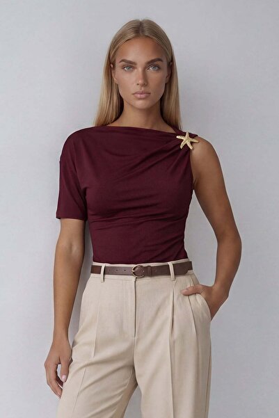 Trend Alaçatı Stili Γυναικεία καλοκαιρινή μπλούζα με έναν ώμο με αξεσουάρ σε ...