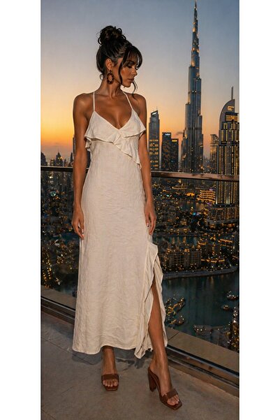 LaraLisa Λινό φόρεμα με σχισμή και βολάν, με ρυθμιζόμενο λουράκι, γυναικείο κ...