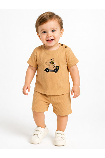 Chicsy Baby Erkek Bebek Dino Baskılı Fitilli 2li Şortlu Takım Yazlık Tişört Şort