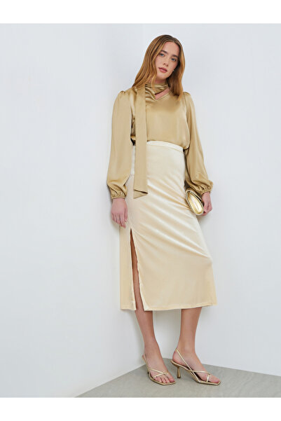 Take Two By Styli Beige Velvet Bodycon Midi Skirt