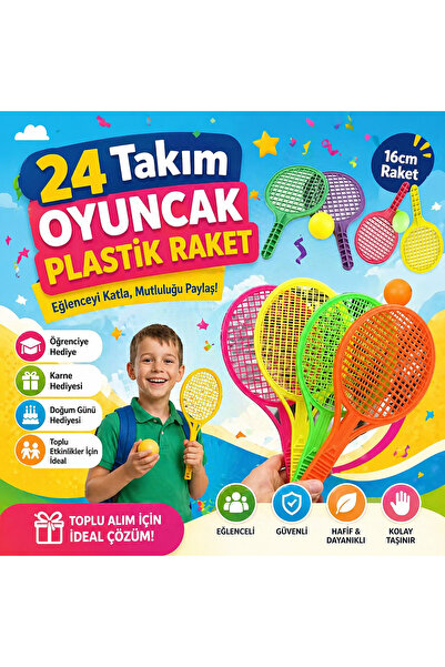 24 Takım Plastik Oyuncak Raket Seti 16 cm – Çocuk Oyun Raket Top Seti | Karne Hediyesi, Doğum Günü Hediyesi, Okul Dağıtmalık