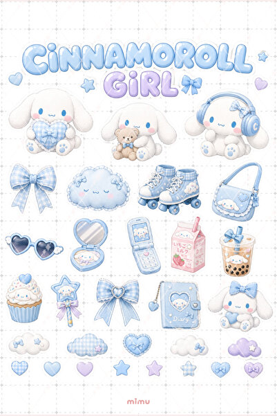 Mimu Art Studio Cinnamoroll Girl Sticker Seti Mavi Pastel Kawaii Sanrio Temal...