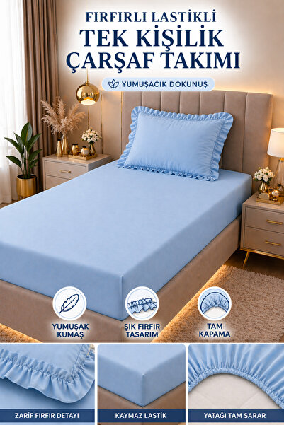 Madame Home Premium Single Ruffled Elastic Bed Sheet Set 30 cm Corner Depth F...