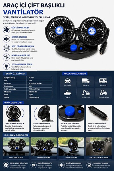 Carvian Araç Araba Otomobil 2 li Vantilatör Fan Pervane Soğutucu 12V X816