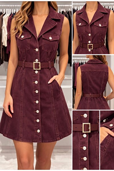 MODA Bordo Denim Kemer Detaylı Mini Elbise