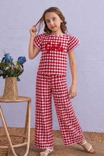 FESSHERA KİDS Κοριτσίστικο 100% βαμβακερό ύφασμα Gofre με καρό σχέδιο, κοντομ...