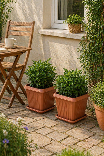 Binbirreyon 2 Adetli Kare Tabaklı Saksı Seti 7Lt 24x22cm Terracotta Kahverengi Plastik AH225