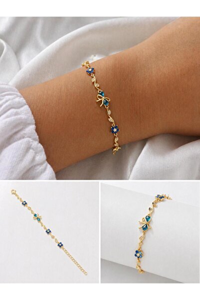 shop Gold Fiyonk ve Çiçek Figürlü Mavi Taşlı Kadın Bileklik