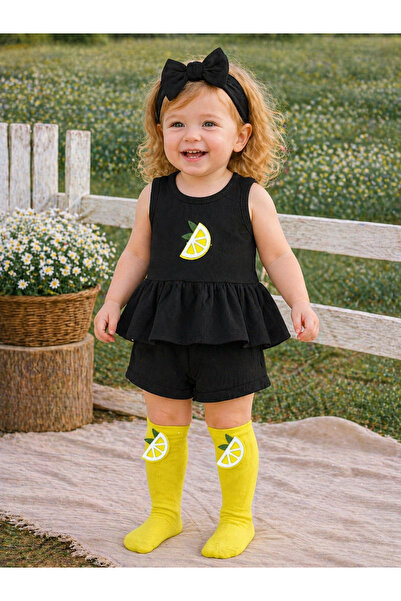 ues Baby Girl Black Ribbed Shorts Set with Lemon Pattern and Yellow Lemon Fel...