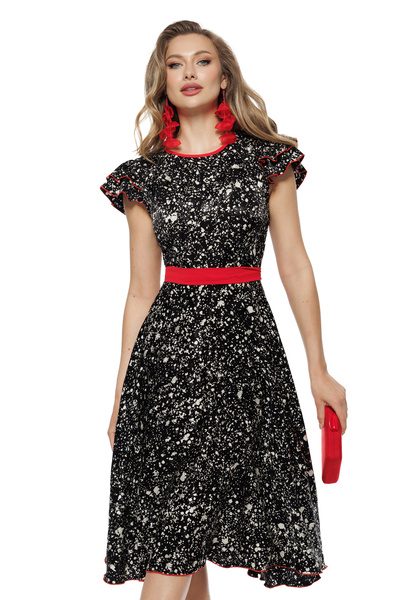 Fofy Rochie eleganta midi neagră cu imprimeu alb și accente roșii