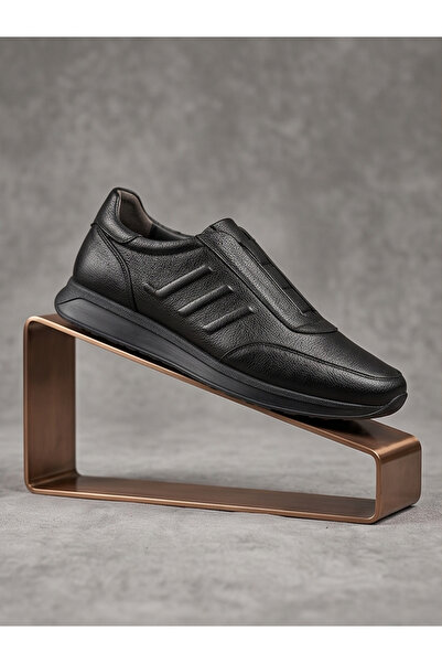 Büyük Beden Siyah Hakiki Deri Özel Seri Bağcıksız Kolay Giyim Günlük Erkek Sneaker