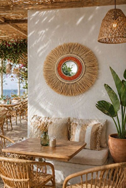 Home Bohem Handmade Turuncu Boncuklu Aynalı Doğal Rafya Duvar Süsü