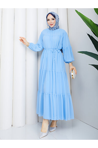 Wual giyim Women's Chiffon Fabric Gathered Layered Hijab Dress