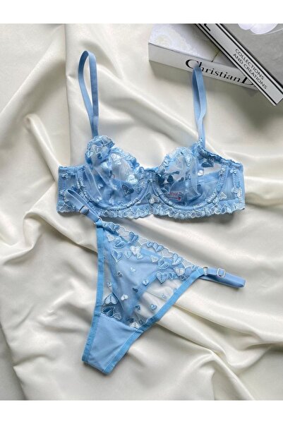 ARONA Mavi Bralet Takım Dantelli Kalp İşlemeli