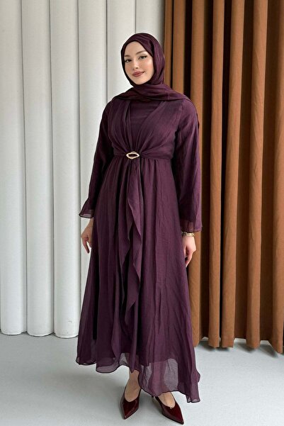 Modaensarbutik Modal Gold Broş Detaylı Tesettür Elbise-BORDO