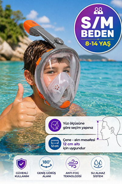 OpenCity Turuncu Gri Full Face Şnorkel Maske S/M Beden 8-14 Yaş Çocuk Tam Yüz...
