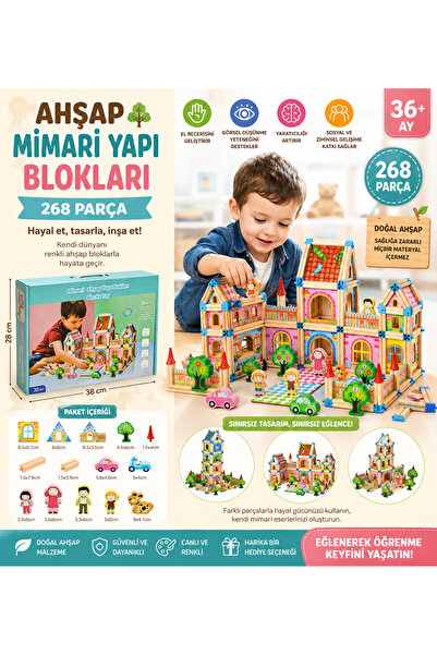 TRUST STORE Ahşap Mimari Yapı Blokları 268 Parça Eğitici Yaratıcı ve Renkli İ...