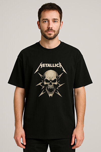 AYDESİGN Tricou negru cu imprimeu Metallica, cu guler rotund