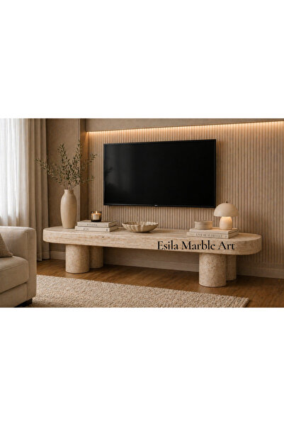 ESİLA MARBLE Modern Traverten Blok TV Sehpası - Lüks Doğal Taş Salon Mobilyası