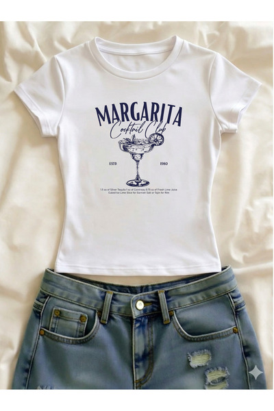 Vordevia Tricou crop cu mânecă scurtă, cu imprimeu Margarita, din Lycra, cu d...