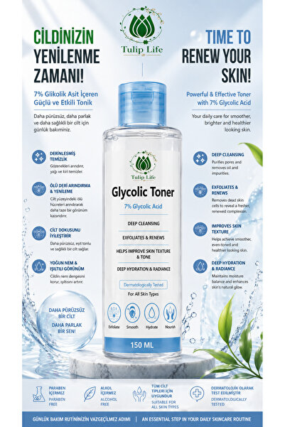 tulip life GlycoClear 7% Glycolic Acid Toner – Peeling Etkili, Gözenek Sıkıla...