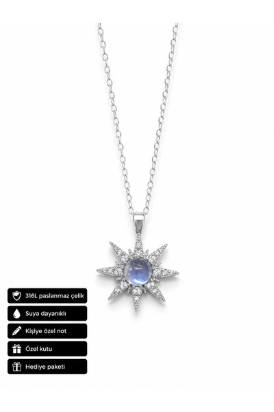 HER ŞEY NOTA www.herseynota.com Blue Sparkling Sun Figured Necklace Stainless...