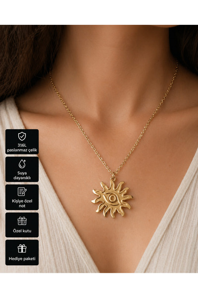 HER ŞEY NOTA www.herseynota.com Eye Figured Sun Necklace Stainless Steel Gold...