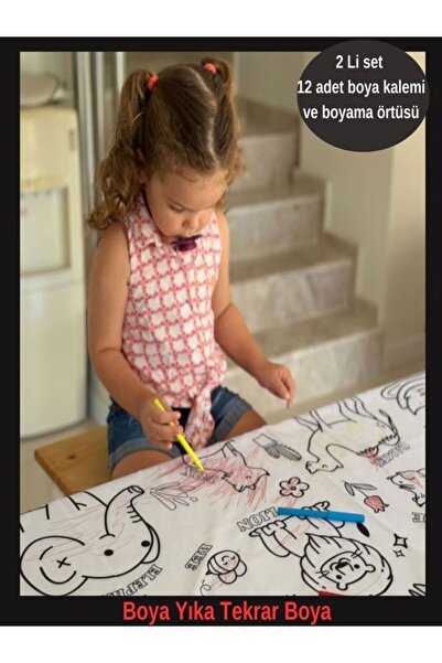 Aşkın Parti Evi Set Kalem Kumaş Yıkanabilir Boyama Seti 12li Boya Ile Su Geçirmez Örtü Eğitici Boyama 100x150cm