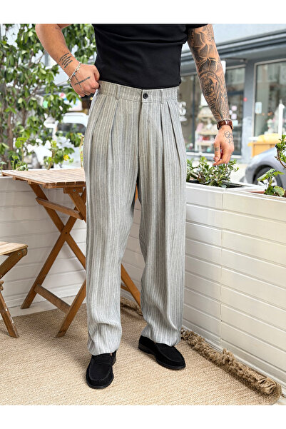 manch collection Korean Cut Pleated Striped Linen Trousers Gray