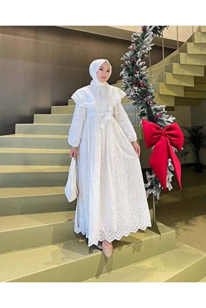 Moda Asrın PELERİN YAKA ASTARLI KEMERLİ %100 PAMUK FİSTO ELBİSE Beyaz