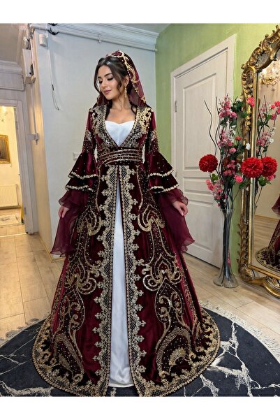 ZK ZÜMRÜT KAFTAN Bordo Gelin Kaftanı Altın ve Kırmızı Renk İşlemeli