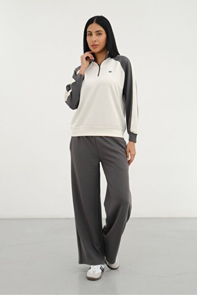 Shooter Sportswear طقم رياضي نسائي من مودال بلون إكرو - سترة بسحاب نصف واحد و...