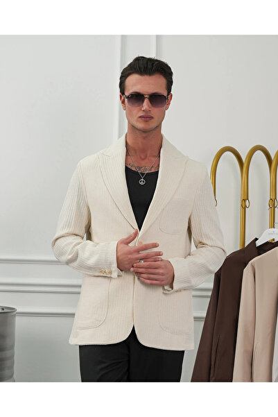 MODEFENDİ %100 Pamuk Keten Modern Fit Keten Ceket