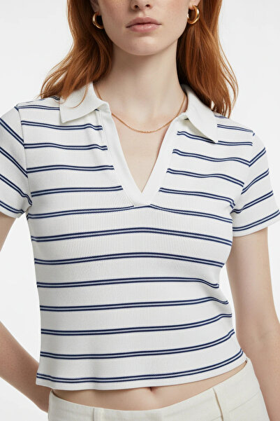 No Matter What Striped Polo Neck V-Neck Ribbed Short Sleeve T-Shirt