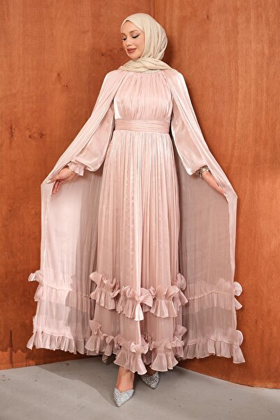 İmajButik Powder Color Ruffled Hem Cape Evening Dress