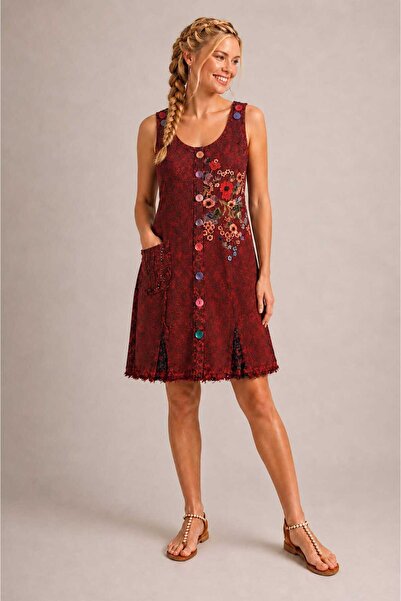 Boutique Juji BOHEM TASARIM AYARLANABİLİR BAĞCIKLI BORDO TENCEL ELBİSE / EL İ...