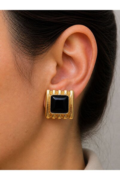 BIJUTERI Gold Square Stone Detailed Earrings